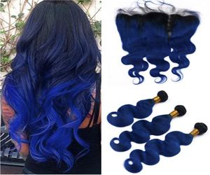 Schwarz und dunkelblau Ombre Malaysian Body Wave Human Hair Webbündel mit 13x4 Voller Spitze Frontal 1Bblue Ombre Virgin Hair Exte4295356