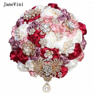 Fiori del matrimonio Janevini Bling Rhinestone Bruchetti da sposa rosso scuro Accessori rose di raso artificiale bouquet de floure