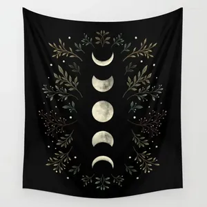 Tapissries Moon Fase Tapestry Wall Hanging Vintage Moonlight Green Olive Leaf Black Boho Room Decor Home