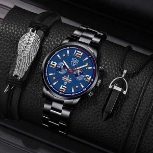 Wristwatches Luxury Mens Bracelet Necklace Wrist Fashion Men Stainless Steel Quartz Male Casual es Y240510