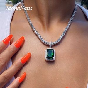 Tennis Stonefans Large Square Green Crystal Pendant Necklace for Mens Hip Hop Water Diamond Tennis Necklace Sparkling Statement Jewelry d240514
