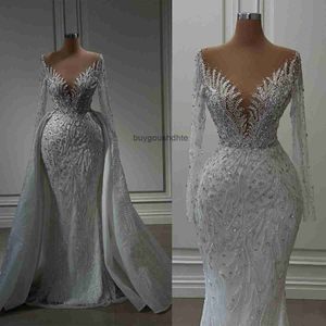 Abiti da sposa sirena con treno staccabile a maniche lunghe a maniche lunghe a maniche lunghe vestido nodia perle appliques abito da sposa