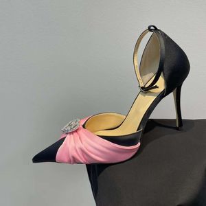 Dress H Shoes Heel Sandals Satin Double Bow Water Pump Crystal Decorative Banquet Shoe Women High Heels Ankle Strap Designer Slippers 8f eel igh eels