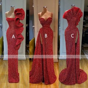 Sparkly Sequin Red Long Evening Dresses 2020 Mermaid Sleeveless Sexy High Side Slit African Black Girls Formal Party Prom Gown 240p