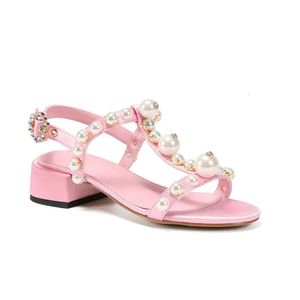 women Genuine 2022 leather Pearl 2.5CM chunky heels sandals summer Flip-flops T-tied slipper slip-on wedding dress Gladiator shoes Buckle Strap party size 35-43 982a