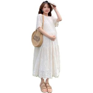 2024 Pregnant Woman Lace Summer Short Sleeve O-Neck Hollow Out Maternity Cotton Dress Sweet Long Loose Princess Clothes