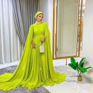 Vintage Muslim Dresses Jewel Neck Cap Sleeve Formal Gown with Hijab Pleat Chiffon Arabic Dubai Evening Wear 0516