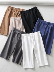 Mulheres sexy algodão alta cintura elástica de cor pura de até o até comprimento de joelhos shorts fêmeas 240516