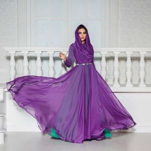 Lila muslimska promklänningar med hijab hög hals långärmad bälte kanfan formell klänning veckade pärlor arabiska dubai vestidos de novia 0516