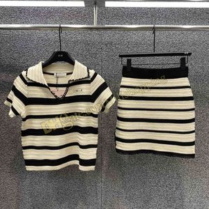 Luxury Women Dress Knits Polos Tops Set Striped Casual Short Sleeve Skirts Tops Outfits Designer