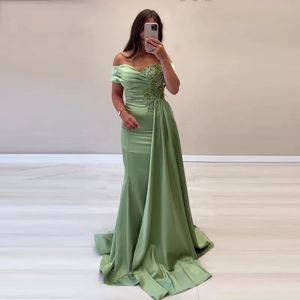 2024 Grass Green Mermaid Evening Dresses Off Shouder Lace Appliques Beads Satin Women Mermaid Formal Prom Gowns Night Party Robe De Soiree