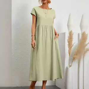 Casual klänningar sommar solid maxi klänning kvinnor elegant bomullslinne kort ärm o nackfickor lösa sundress kvinnliga harajuku länge