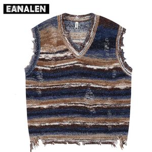 Harajuku Vintage gestreifter Pullover Weste Herren Designer Klopfter Pullover Y2K Übergroßer Jumper gestrickt