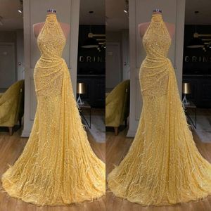 Popular Good Quality Glitter Mermaid Evening Dresses Sexy High-neck Sleeveless Sequins Feather Prom Dress Sweep Train Special Occasion 301I