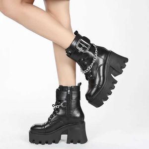 Boots Autumn Winter Gothic Women Ankle Fashion Metal Chain Patent Leather Female Punk Style Ladies Shoes H240516