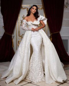 Off The Shoulder Sweetheart Neck Zipper Up Back Shiny Sequins Lace Gorgeous 2 Pieces Mermaid Wedding Dress With Detachable Train