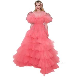 Pink Prom Dress 2023 o الرقبة الأكمام الطويلة الطبقات تول ثوب الكشكش الطيات النسائية Galens Vestidos de Novia 0516
