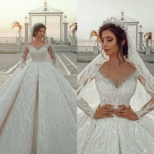 Glitter Off Shoulder Ball Gown Wedding Dresses Luxury Sparkly Backless Beads Long Sleeve Bridal Gowns vestidos de novia robe mariee