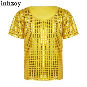 Dancewear Kids Boys Girls Shiny Sequins Dance T-shirts Crop Tops Hip Hop Disco 70s Hippie Style Performance Costume Short Sleeve Dnace TopL2405