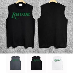 2024 RHUDE Tシャツデザイナーメンズタンクトップサマーコットントレンディブランド通気性ブランド通気性ルーズノースリーブレスTシャツZJBRH087グリーンテキスト印刷ベストスポーツ衣服サイズs-xxl