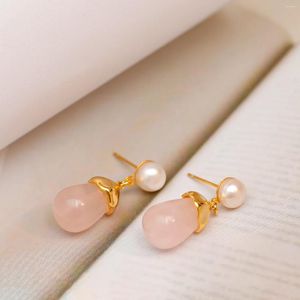 Dangle Earrings 2024 Silver Needle Ear Stud Natural Pearl W/Special Pink Jade Plated Gold Filled Korea Jewelry For Women Sale