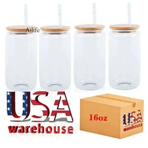 Stock USA CA Warehouse 16oz Sublimation Glass Blanks Bamboo Lid Brosted Beer Can Borosilicate Tumbler Mason Jar Cups مع قش بلاستيكي 50pc/c 4.23 0516