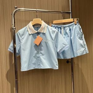 estate a due pezzi abiti miumi nuovi lettera ricamato alla moda camicia accademica in stile top elastico set di gonna corta