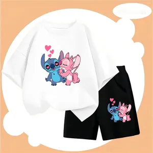 Kläduppsättningar Stitch Summer Fashion Children's Pure Cotton T-shirt Set Boys and Girls Birthday Gift Party 2024 Pullover