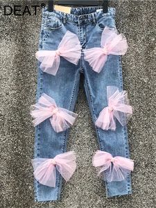 DEAT Womens Jeans High midja Slim Pink Mesh Bowknot Pearls Stretch Female Denim Ankle-Length Pants 2024 Summer Fashion 240515