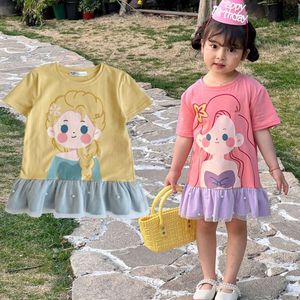 Flickor mesh 2024 sommar lapptäcke för barn söt tecknad prinsesse ruffle spets barn klänning småbarnsdräkt 1-8 år l2405