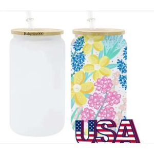 USA CA Warehouse Sublimation 16Oz Glass Tumbler Clear Frosted Beer Can With Lids And Straws 50Pcs A Case 4.23 0516
