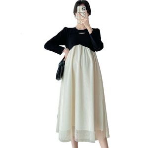 Fashion Maternity Autumn Ruffles Patchwork High Waist Block Color Pregnant Woman Chiffon Dress Princess Clothes