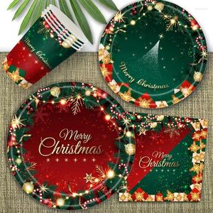 Disposable Dinnerware 117pcs Merry Christmas Party Plate Cup Napkin PVC Tablecloth Xmas Tree Pattern Tableware Cutlrey Year Decor