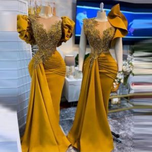 Gold African Prom Dresses With Sheer Neck Beads Crystals Appliques Mermaid Puffy Sleeves Aso Ebi Evening engagement Party Gown 289N