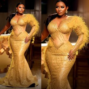 2024 Gold Luxurious Prom Virts for Black Women Plus Long Long Mermaided Reded Beaded Peaded Lace Long Sleeves Dress Dress Ordics Second Amplaxal Gala Am963