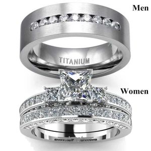 Pierścionki ślubne Para Pierścień Mens CZ Stal nierdzewna Women Square Cut Crystal Rhinestone Zestaw zaręczynowy biżuteria Q240514