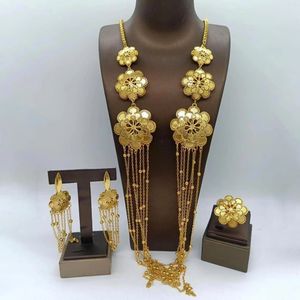 Afrikansk guldfärgsmyckesuppsättning för damer Böhmen Flower Design Långkedjan halsband och örhängen med ringbröllop gåva 240507