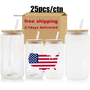 CA US Warehouse 16Oz Custom Soda Glassware Iced Coffee Cup Drink Tumbler Mug Dinking Glasses Beer Can Glass With Lid Straw 0516