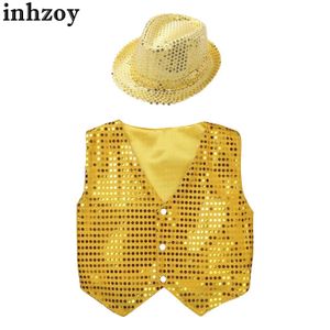 Dancewear Kids Boys Shiny Ligins Vest Ciale Coloat com Hat Hip Hop Jazz Street Dance Stage Desempenho Disco Coro da Dança da DanceL2405