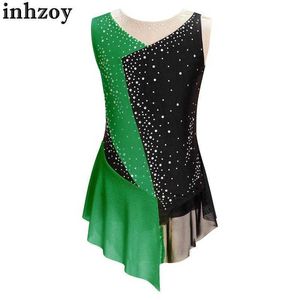 Tanzkleidung Kinder Mädchen Figuren Skating Dance Kleid Ballett Gymnastik Lotards Ärmeloses glänzendes Strass -Wettbewerb Performance Costumel2405