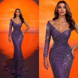 Glitter One Shoulder Mermaid Evening Dresses Graceful Sequined V Neck Formal Occasion Dress Floor Length Prom Gowns Custom Made