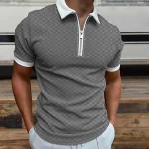 Men's Polos Fashion Summer Shirt Geometric Print Zipper Decor Pullover Short Sleeves Casual Soft Breathable Slim Fit Male Top