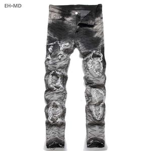 Мужские джинсы EHMD Pocket Drill Line Emelcodery Jeans Mens Mens Four Seasons Съемник Съемка премия Black High Strt Fashion Slim Slim 2024 T240515