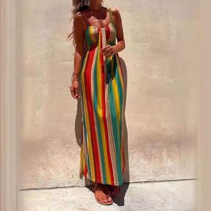 2024 Summer Women's Hanging Neck Open Wort Vertical Stripe Sexy Nightclub Dress