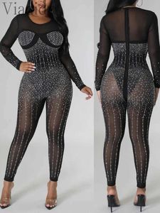 Le tute da donna vaccano da donna sexy mesh rino -strass design con cerniera magazzino t240515