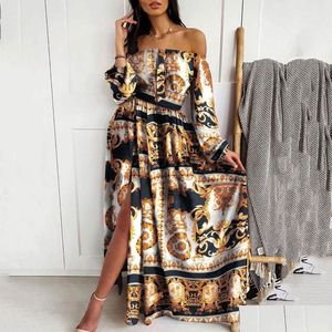 Basic Casual Kleider Luxuskleid Maxi für Frauen Vestido de Mujer Sommerabend gedruckt Ein-Shoder-Pfroaktro-Retro-Langarm-Breite Sli Otwef