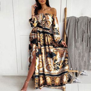 Basic Casual Dresses Luxury Dress Maxi For Women Vestido De Mujer Summer Evening Printed One-Shoder Plover Retro Long-Sleeved Wide Sli Otwef