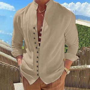 Fashion Solid Color Shirt Mens Shirt in cotone Lince Umo Camicie Sand Sand Collar a V-Neck Lincela Lina Long Alee Topsulla Pullover T-Shirt Caspetta Casta Casta Class