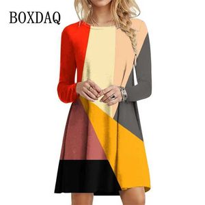 Basic Casual Dresses Contrast Color Women Dresses For 2023 Autumn Winter Trend Geometry Graphic Long Slve Dress Casual O-Neck Loose Oversized Dress Y240515