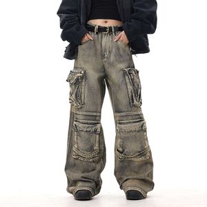 24SS Designer Jeans Wasteland Style Multi Pocket Denim Workwear för män och kvinnor med trendig vibe designkänsla nisch bred lös raka benbyxor